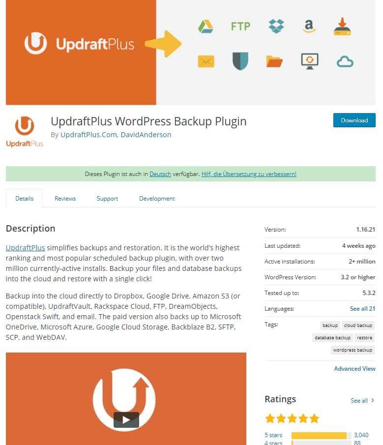 Sicherungsplugin - UpdraftPlus