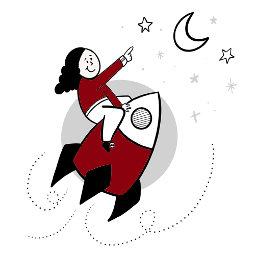 Zeichnung - Frau auf Rakete greift nach dem Mond