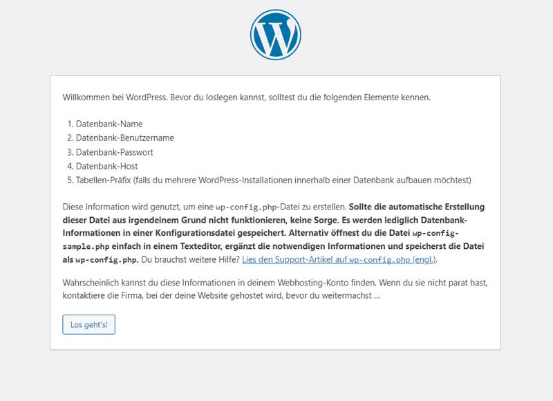 Startbildschirm WordPress-Installation