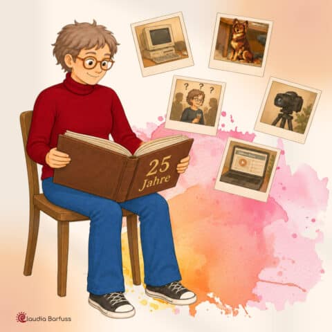 Eine Comicfigur sitzt auf einem Stuhl in der Hand ein grosses Buch auf dem 25 Jahre steht. Im Hintergrund sieht man Fotos eines Hundes, uraltem PC, eine Kamera.