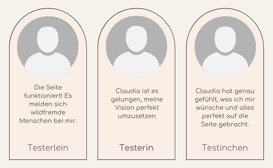 3 Testimonials nebeneinander. Alle mit Avatar, Test und Kundenname.