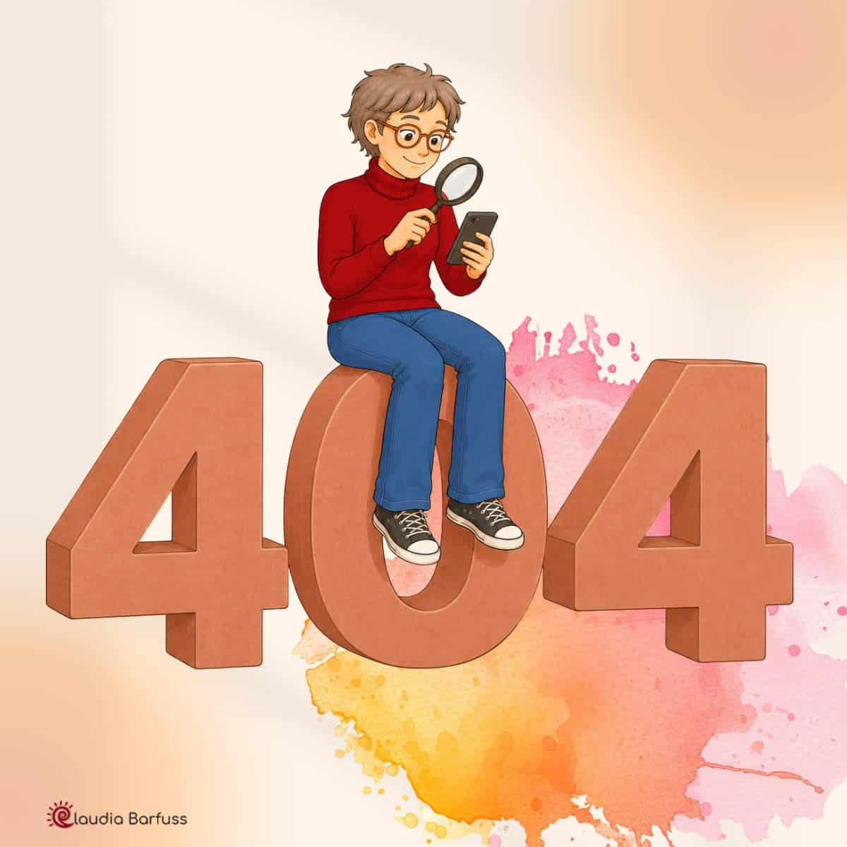Illustration: Eine Frau sitzt auf einer grossen 404. In der Hand hält sie ein Handy und sucht mit einer Lupe darauf etwas. Der Hintergrund zeigt zarte Aquarellfarben in Rosa und Orange.