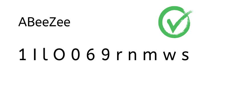 Es sind die Buchstaben 1 I l O 0 6 9 r n m w s abgebilddet in der Schrift ABeeZee.