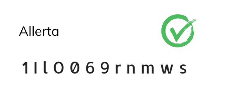 Es sind die Buchstaben 1 I l O 0 6 9 r n m w s abgebilddet in der Schrift Allerta.