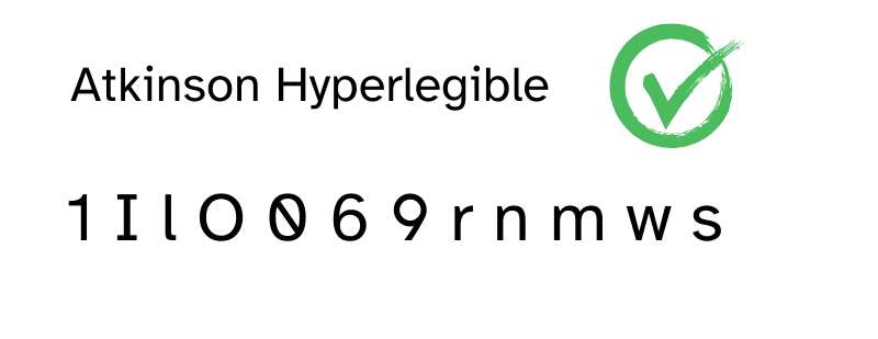 Es sind die Buchstaben 1 I l O 0 6 9 r n m w s abgebilddet in der Schrift Aktinson Hyperlegible.