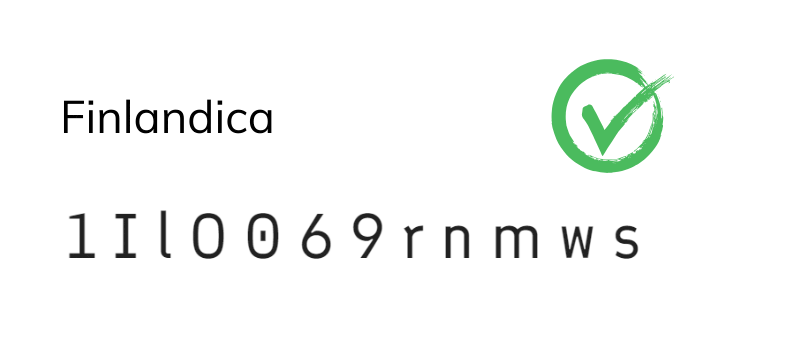 Es sind die Buchstaben 1 I l O 0 6 9 r n m w s abgebilddet in der Schrift Finlandica.