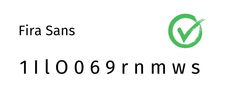 Es sind die Buchstaben 1 I l O 0 6 9 r n m w s abgebilddet in der Schrift Fira Sans.