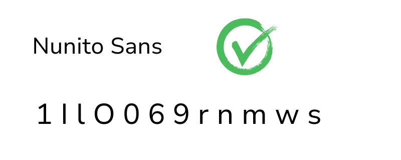 Es sind die Buchstaben 1 I l O 0 6 9 r n m w s abgebilddet in der Schrift Nunito Sans.