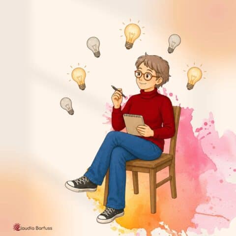 Illustration: Eine Frau im roten Pullover sitzt auf einem Stuhl mit einem Block und einem Stift. Über ihrem Kopf sind Glühbirnen. Manche leuchten, manche nicht. Der Hintergrund zeigt zarte Aquarellfarben in Rosa und Orange.