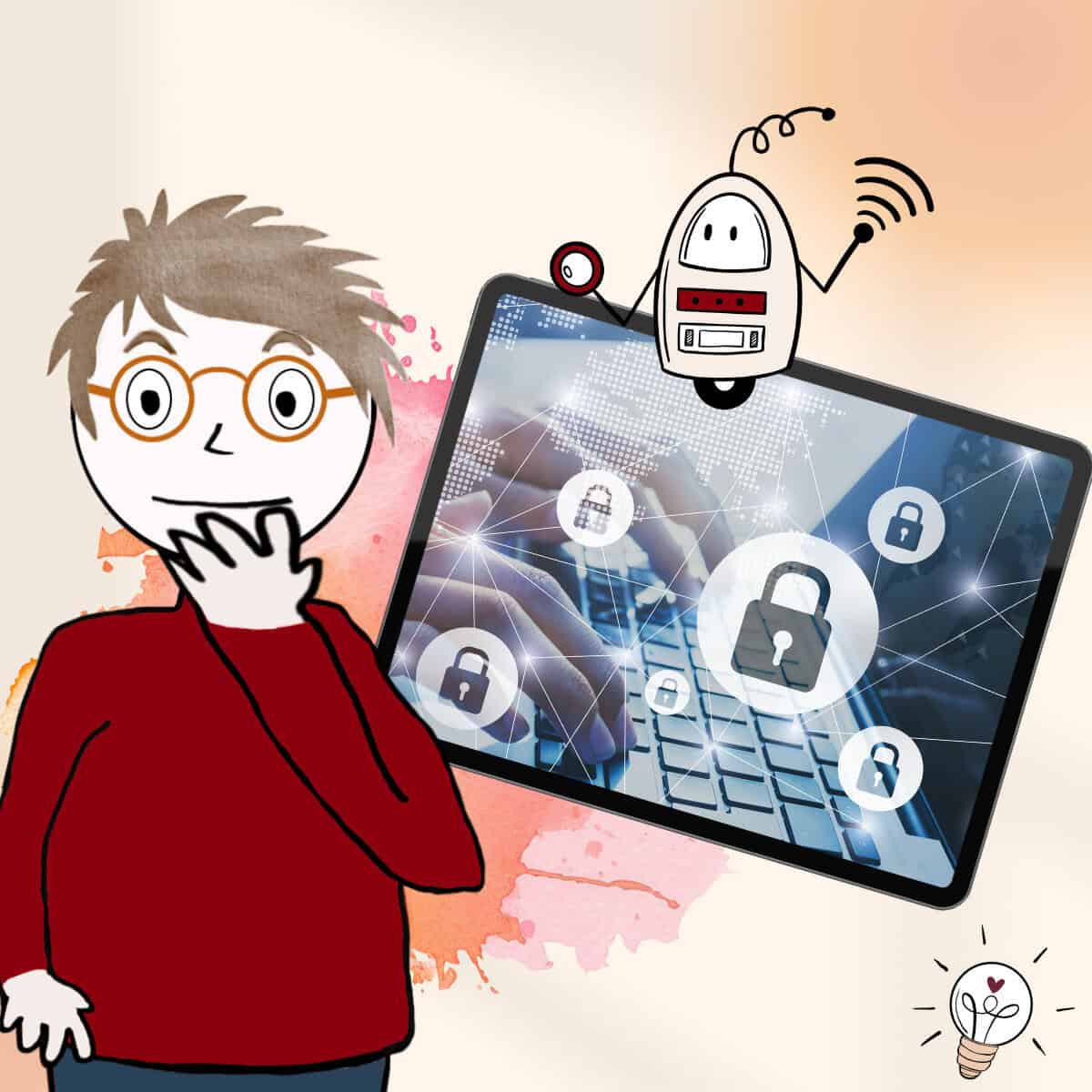 Comicmännchen zeigt auf ein Tablet auf dem eine Website mit einem Schloss und vielen kleinen Schlössern abgebildet ist.