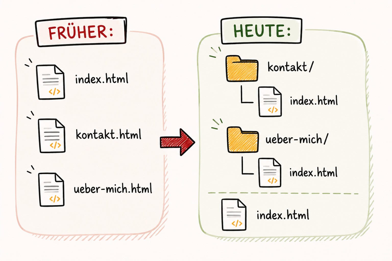 Grafik: Dateistruktur früher vs. heute – einzelne HTML-Dateien vs. Ordner mit jeweils einer index.html