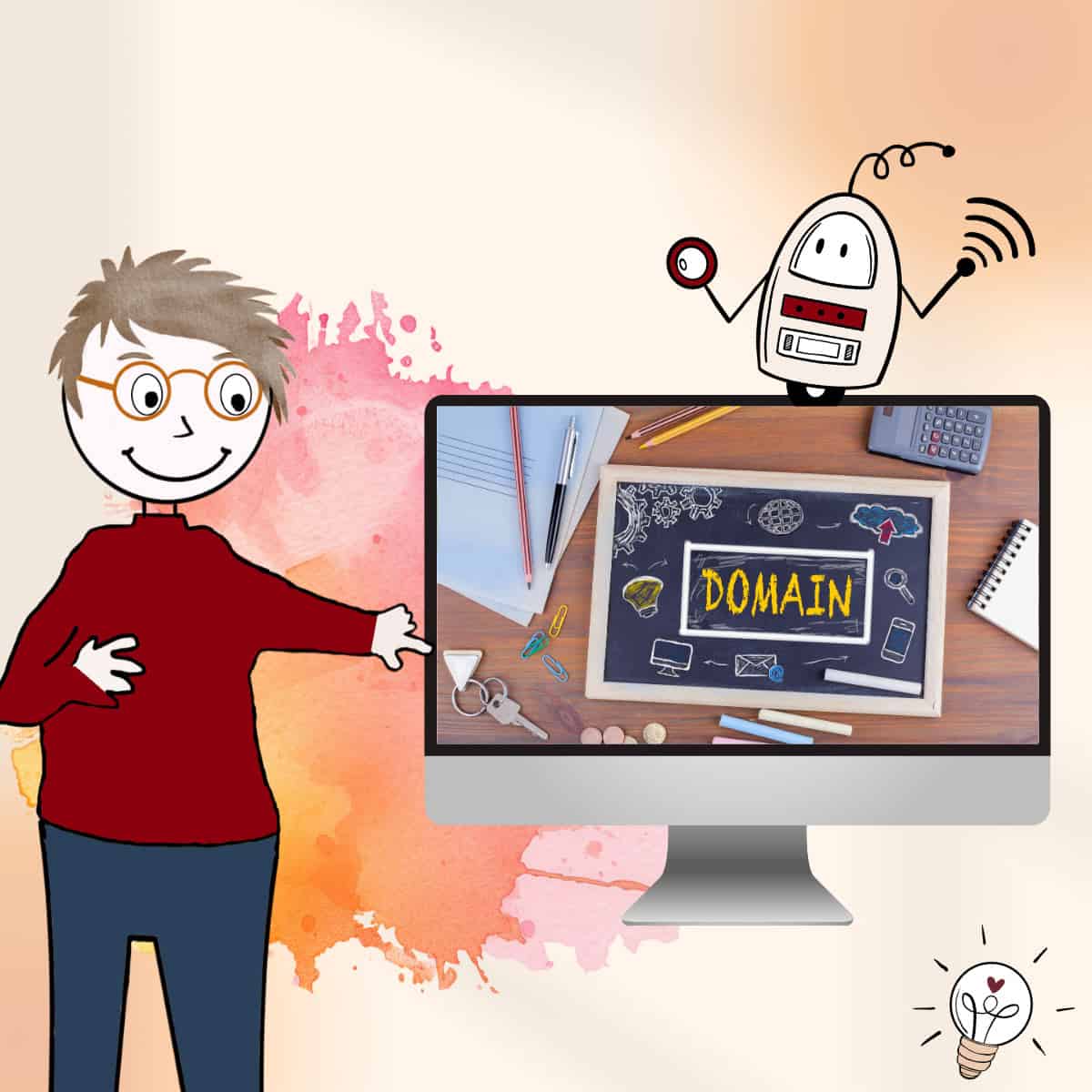 Comicmännchen zeigt auf einen PC auf dem eine Schifertafel mit der Aufschrift "Domain" abgebildet ist.