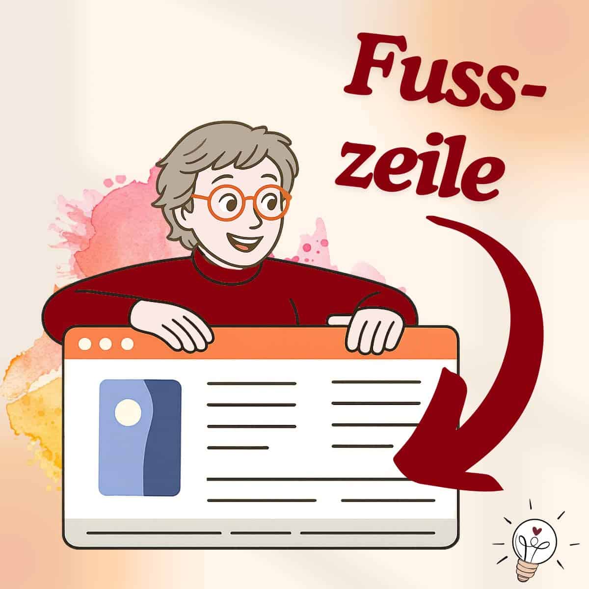 Comicfigur die fröhlich hinter einem stilisierten Browserfenster hervorschaut. Eine grosse rote Pfeilgrafik zeigt auf den unteren Bereich des Fensters. Daneben steht der Schriftzug ‚Fusszeile‘ in rot.