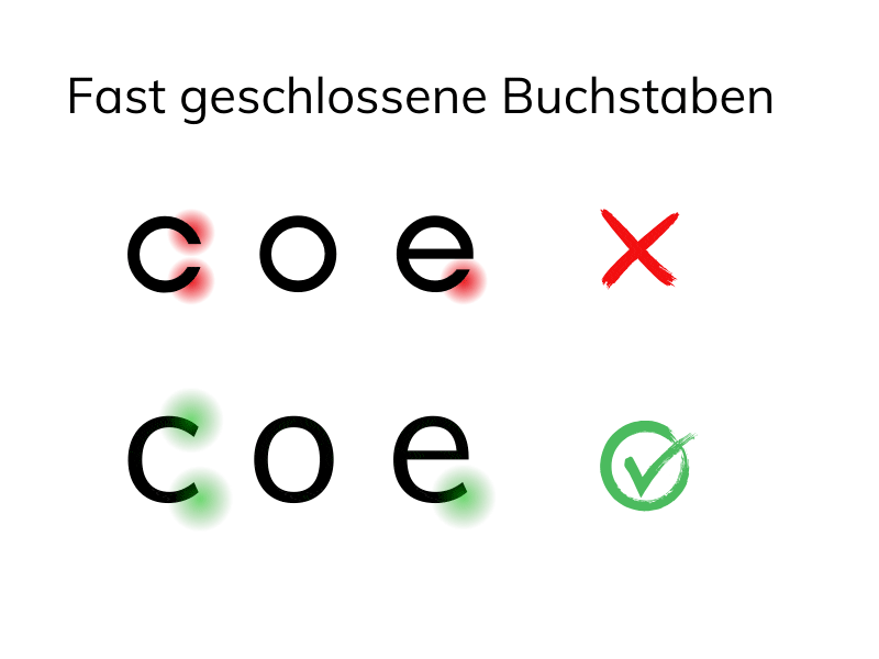 Geschlossene Buchstaben: c, o, e sind abgebildet. Einmal in einer nicht barrierefreien Schrift, einmal in einer barrierefreien Schrift.