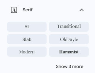 Screenshot der den Filter Serif bei Google Fonts zeigt