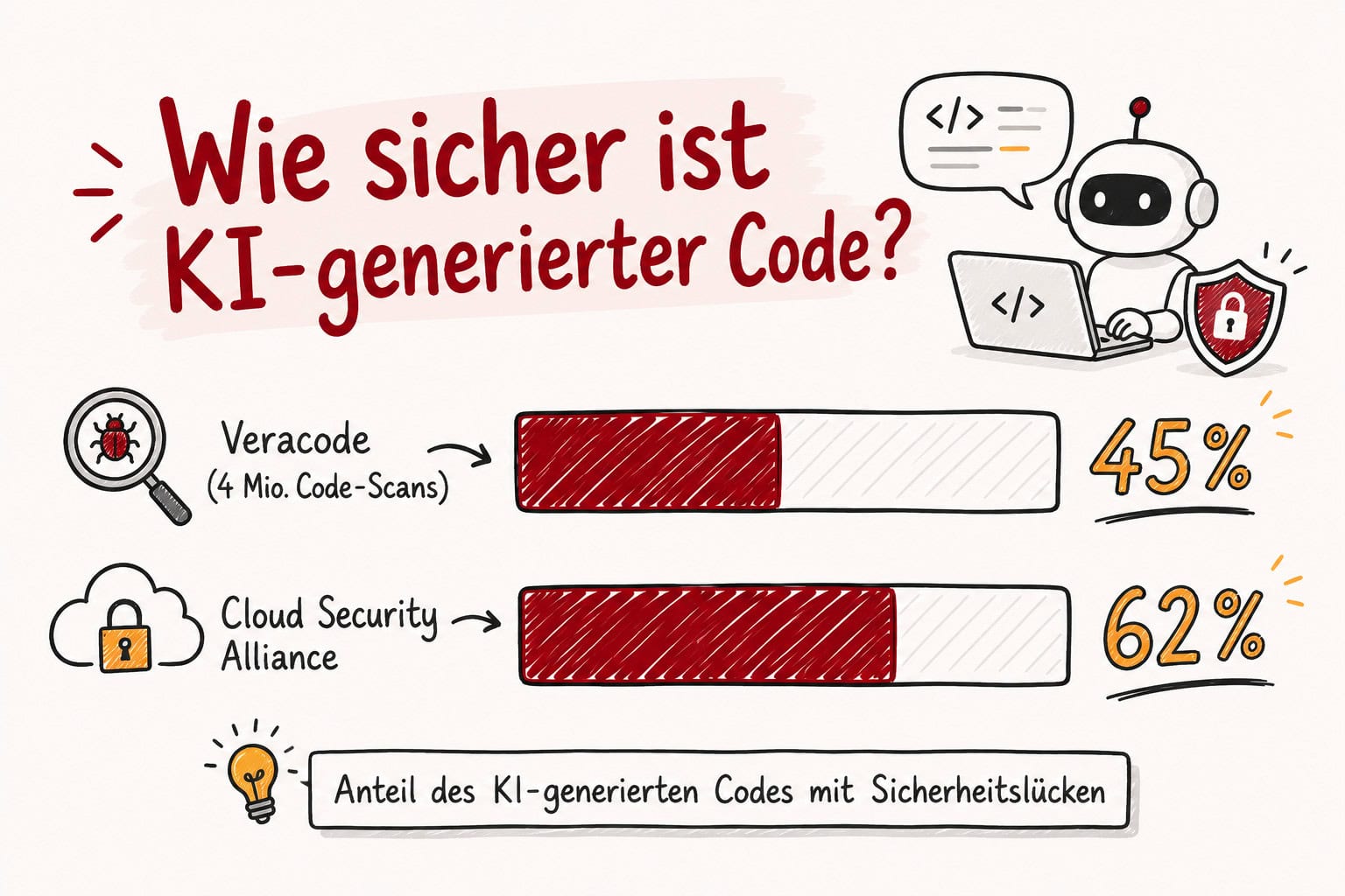 Grafik: Anteil KI-generierter Code mit Sicherheitslücken – Veracode 45%, Cloud Security Alliance 62%