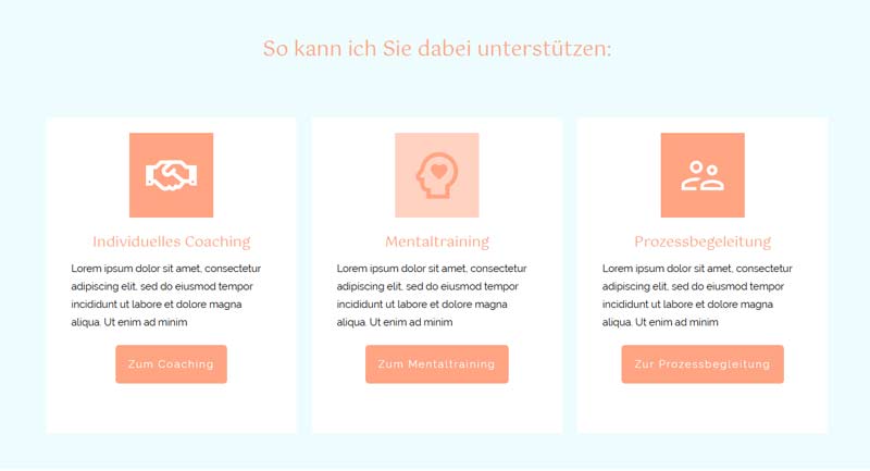 Inhaltlich klar strukturierte Website: drei übersichtliche Angebotsblöcke mit Icon, Überschrift, kurzer Beschreibung und Button – gut lesbar durch ausreichend Weissraum und stimmige Farbflächen