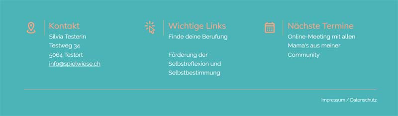 Strukturiert gestalteter Footer mit klarer Aufteilung: Kontaktinformationen, wichtige Links und aktuelle Termine – übersichtlich, professionell und einladend