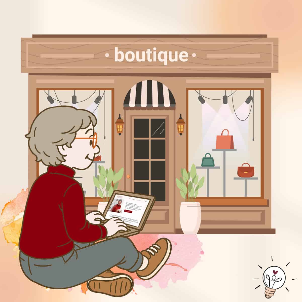 Illustration einer Frau im Schneidersitz mit Laptop, die vor einem stilisierten Schaufenster sitzt und das Design einer Website betrachtet – Symbol für eine klar strukturierte, einladende Startseite.