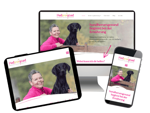 Website-Mockup mit PC, Tablet und Handy. Alle zeigen die Website von hundherumgesund.ch.