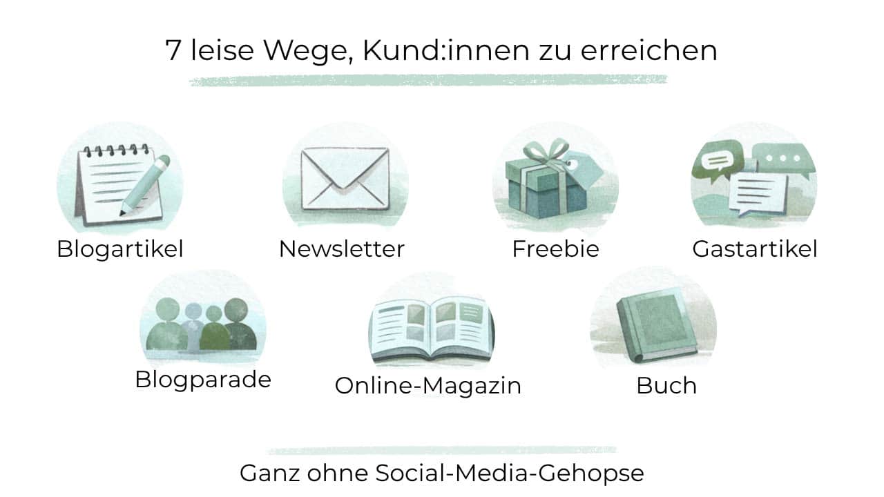 Infografik: 7 leise Wege, Kund:innen zu erreichen – mit Icons für Blogartikel, Newsletter, Freebie, Gastartikel, Blogparade, Online-Magazin und Buch. Untertitel: Ganz ohne Social-Media-Gehopse.