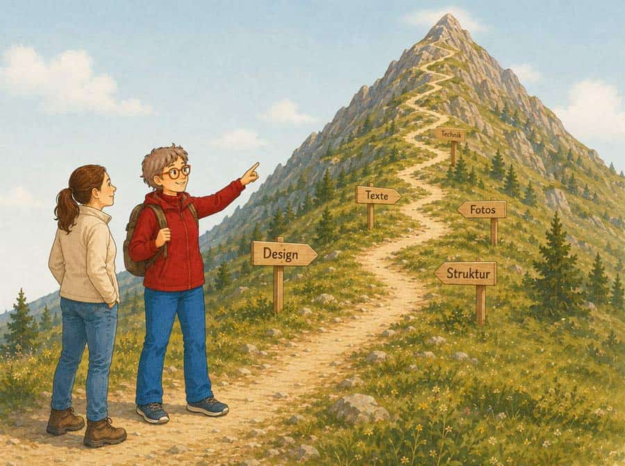 Illustration: Zwei Frauen stehen auf einem Wanderweg am Fuss eines Berges. Eine trägt einen Rucksack und zeigt den Weg nach oben. Am Wegrand stehen Holzschilder mit den Begriffen Design, Texte, Fotos, Struktur und Technik.