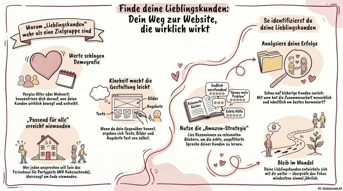 Handgezeichnete Infografik mit sechs illustrierten Abschnitten zum Thema Lieblingskunden und Website: Werte statt Demografie, Zielklarheit für Texte und Bilder, Amazon-Strategie über Rezensionen, Erfolgsanalyse bisheriger Kunden und jährliche Überprüfung des Fokus.
