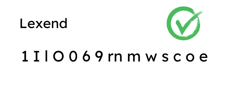 Es sind die Buchstaben 1 I l O 0 6 9 rn m w s c o e abgebildet in der Schrift Lexend.