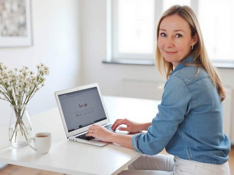 Linda Kunze sitzt lächelnd am Laptop und arbeitet. Auf dem Tisch stehen weisse Blumen und eine Tasse.