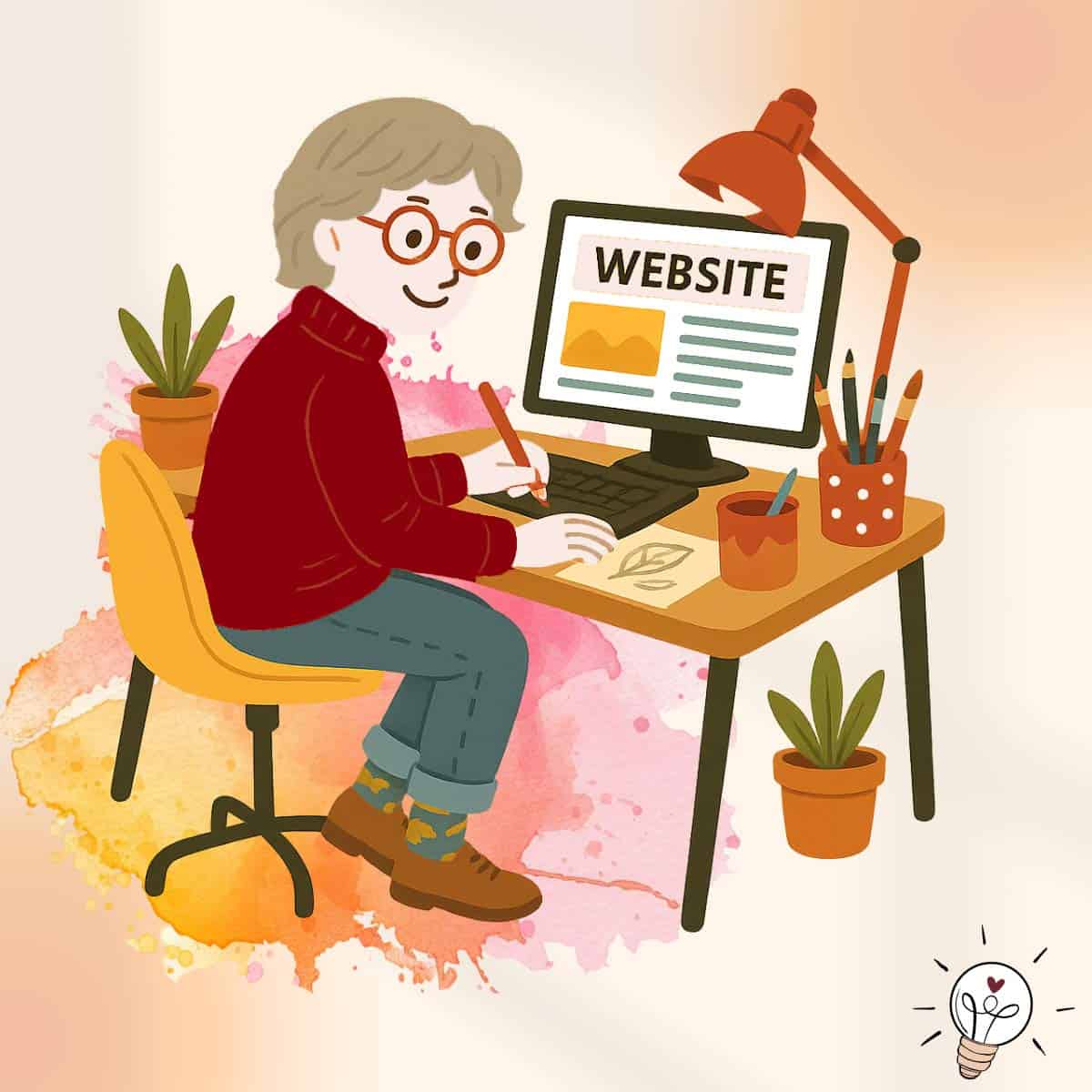 Comicfigur am Schreibtisch, die konzentriert an einer Website arbeitet – Symbol für modernes, wertebasiertes Webdesign.