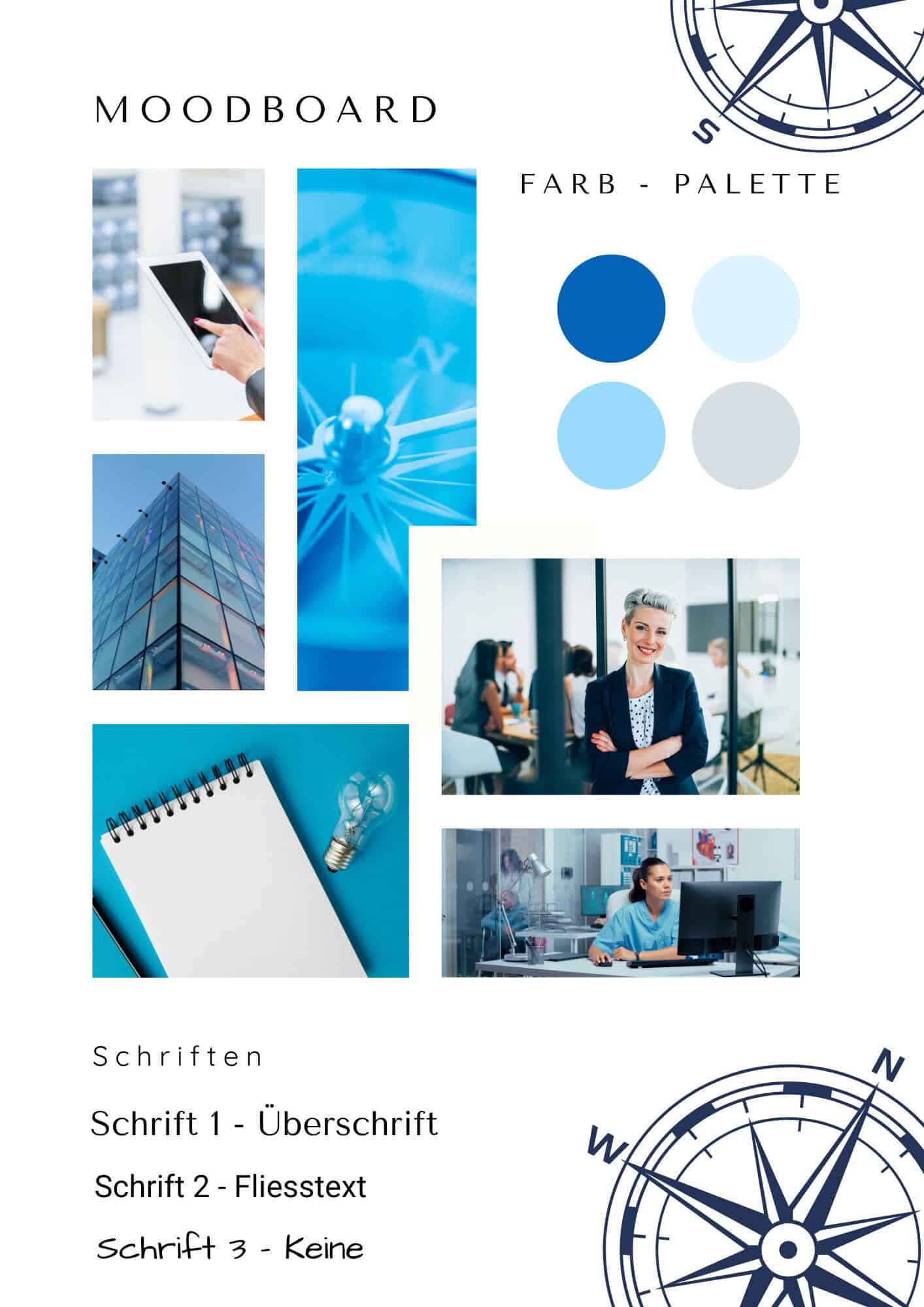Moodboard in klaren und kühlen Farben. Blau und Grau herrschen vor. Es ist ein Kompass zu sehen, die der das Gefühl von Klarheit vermittelt.