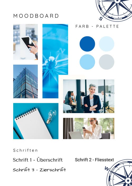 Moodboard für die Website Moodboard in Blautönen mit maritimen Motiven und Büroalltag.