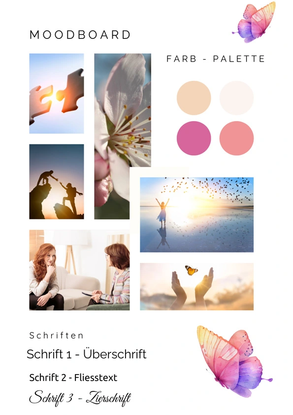 Moodboard in klaren und doch warmen Farben. Pink und Beige herrschen vor. Es sind Schmetterlinge zu sehen, die das Gefühl von Leichtigkeit geben und Menschen die sich unterstützen.