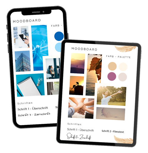 Zewi Moodboards, eins bei dem kühle blaue Farben überwiegen im Handyformat und ein warmes mit rot und beige-Tönen im Tabletformat.