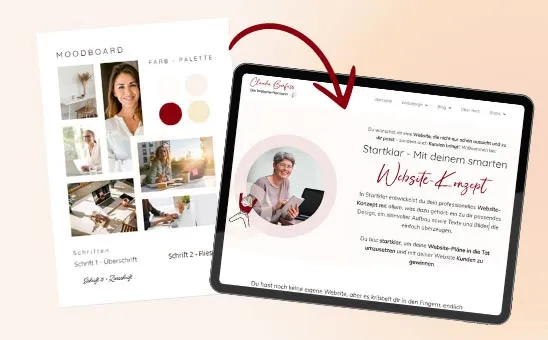 Vom Moodboard zur Website Moodoard und ein roter Pfeil, der zu einem Tablet auf dem meien Website zu sehen ist zeigt.