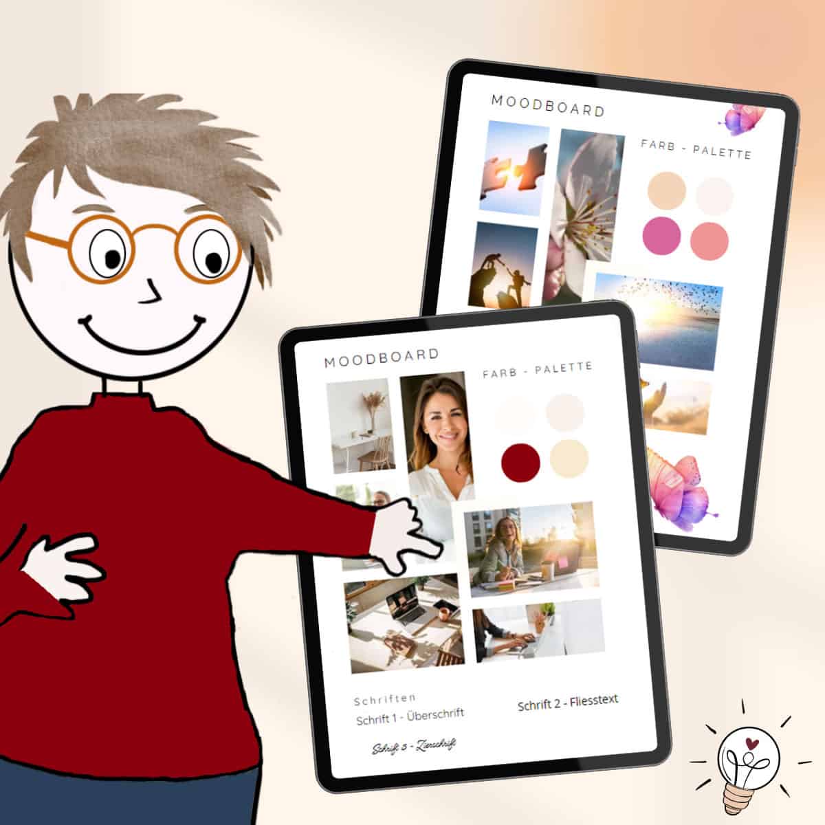 Gezeichnete Comicfigur und zwei Tablets auf denen zwei Moodboards dargestellt sind.