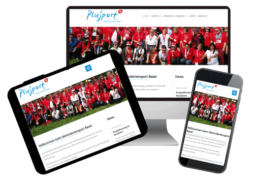 Website-Mockup mit PC, Tablet und Handy. Alle zeigen die Website des Plusport Basel.