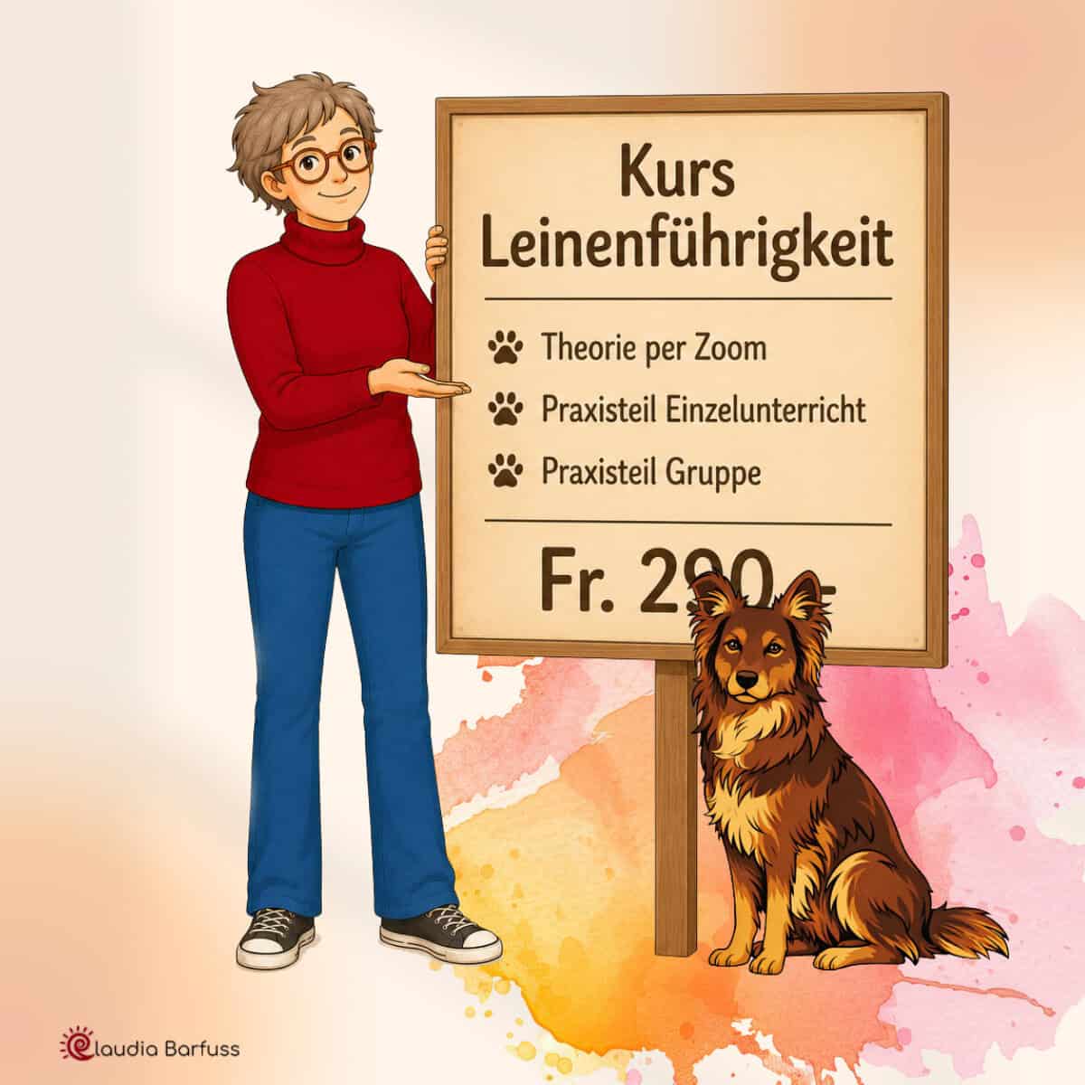 Illustration: Eine Frau steht neben einem Preisschild daneben sitzt ein brauner Hund. Der Hintergrund zeigt zarte Aquarellfarben in Rosa und Orange.