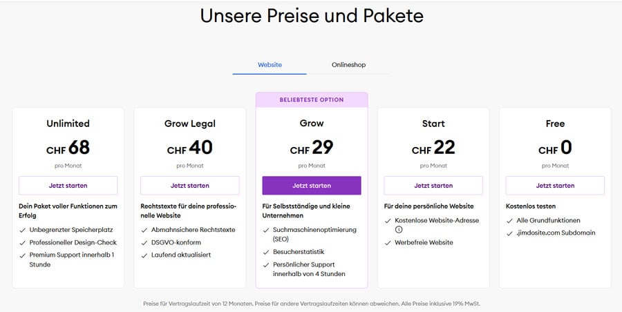 Eine &Uuml;bersicht &uuml;ber die Preise von Jimdo.