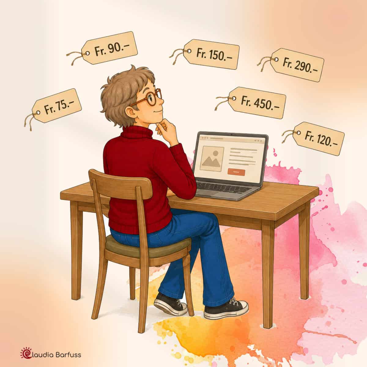 Illustration: Eine Frau sitzt an einem Tisch mit einem Laptop über ihr fliegen Preischilder herum. Der Hintergrund zeigt zarte Aquarellfarben in Rosa und Orange.