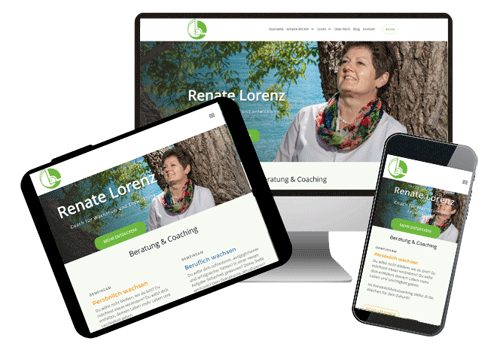 Website-Mockup mit PC, Tablet und Handy. Alle zeigen die Website von Renate Lorenz.