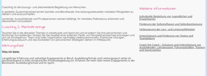 Beispiel für schlechten Website-Inhalt: zu kleine Schrift, enger Zeilenabstand, fehlender Weissraum und Text, der direkt am Rand klebt – dadurch wirkt das Webdesign unruhig und unprofessionell