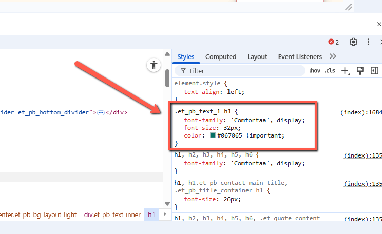 Screenshot der die Untersuchen-Funktion in Chrome zeigt. Die H1 wird mit Schriftfamilie Comfortaa und der Gr&ouml;sse von 32px sowie der gr&uuml;nen Farbe gezeigt.