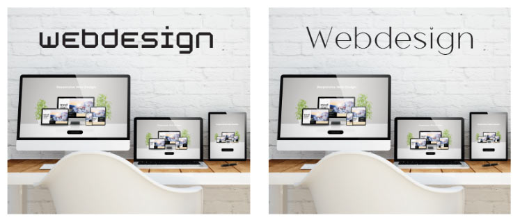 Rechts und links ist das gleich Bild eines Tisches mit Stuhl davor zu sehen auf dem ein PC, ein Notebook und ein Tablet stehen. Lediglich die Schrift die oben an der gekalkten Backsteinwand steht ist anders. Einmal fett und eckig, einmal fein und elegant.