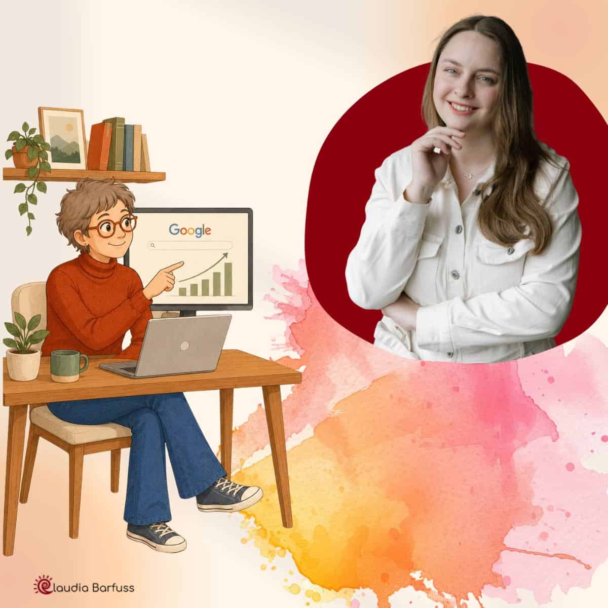 Illustrierte Frau am Schreibtisch zeigt auf einen Bildschirm mit Google-Suche und steigendem Balkendiagramm, daneben Foto einer lächelnden Frau. Titelbild zum Thema SEO und GEO.