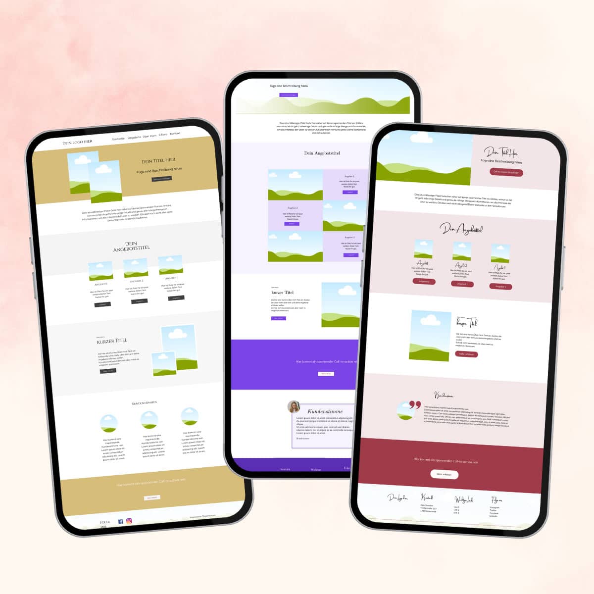 3 Handys, auf denen die Canva-Vorlagen von Startseiten abgebildet sind.