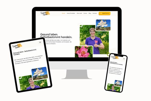 Website-Mockup mit PC, Tablet und Handy. Alle zeigen die Website von Susanne Furler.