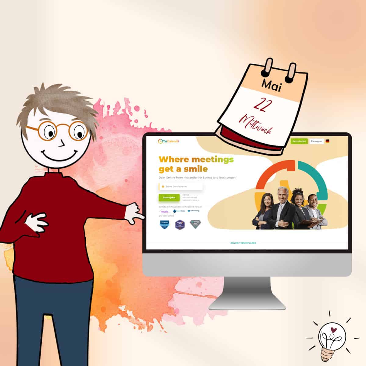 Comicmännchen zeigt auf einen PC auf dem die Startseite von Tucalendi abgebildet ist und oben ein Icon mit einem Roboter abgebildet ist.
