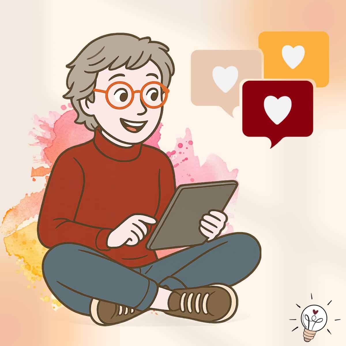 Comicfigur, im Schneidersitz, die lächelnd ein Notebook in der Hand hält. Oben dran 3 Sprechblasen mit Herzen.