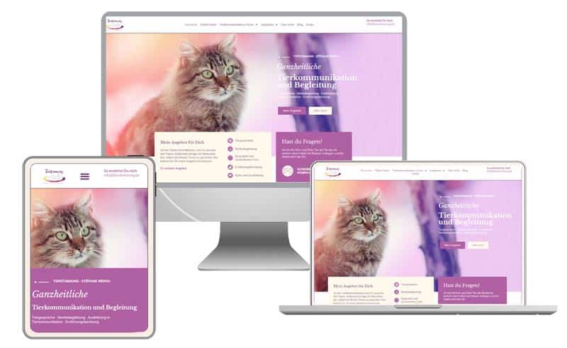 Website-Mockup mit PC, Tablet und Handy. Alle zeigen die Website von Tierstimmung Stefanie Renou.